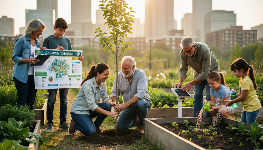 Multiple hands of different ages working together to plant a young tree seedling in soil