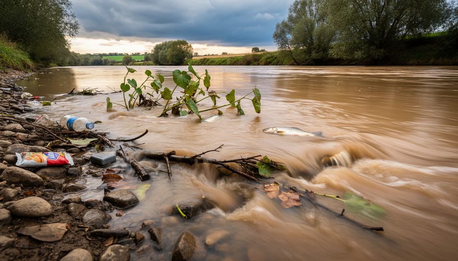 Mud and debris along a riverbank after rainfall, illustrating water pollution impacts