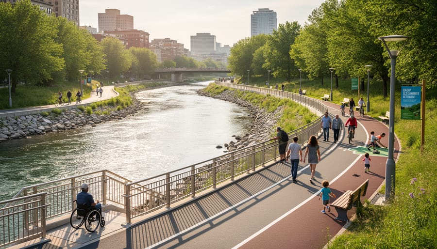 People enjoying a restored riverfront with clear water and fish near the shoreline