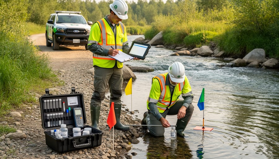 Investigator crouching by a stream using a water sampling kit