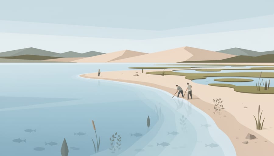 Cleaned ocean shoreline with wet stones, clear water, distant kelp forest, and seabirds under misty overcast light