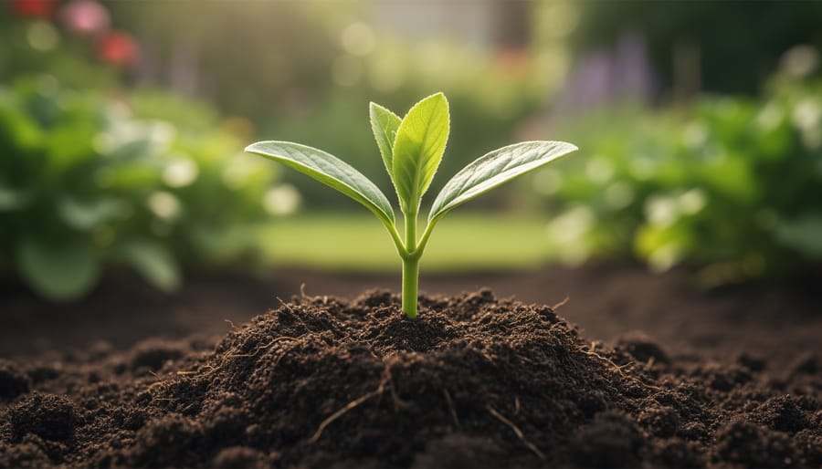 Hands holding a small seedling above dark, healthy soil in soft natural light