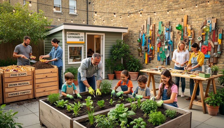 Neighbors gather in an urban community courtyard with garden beds, compost bins, and reclaimed-material art installations.