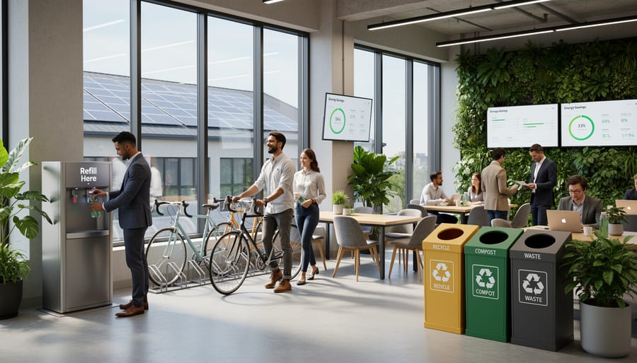 Office team members use a refill water station with reusable bottles and nearby waste-sorting bins in a bright workspace.