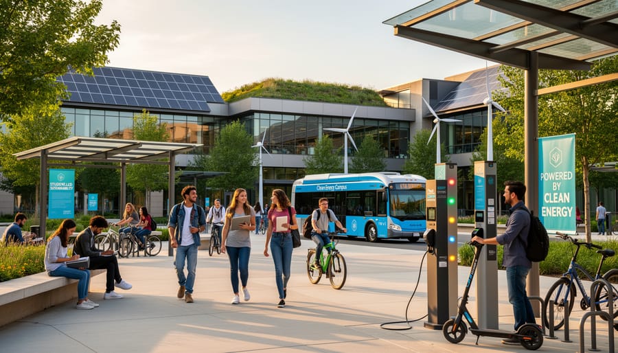 Students gather on a university campus near rooftop solar panels and shaded bike racks during golden hour.
