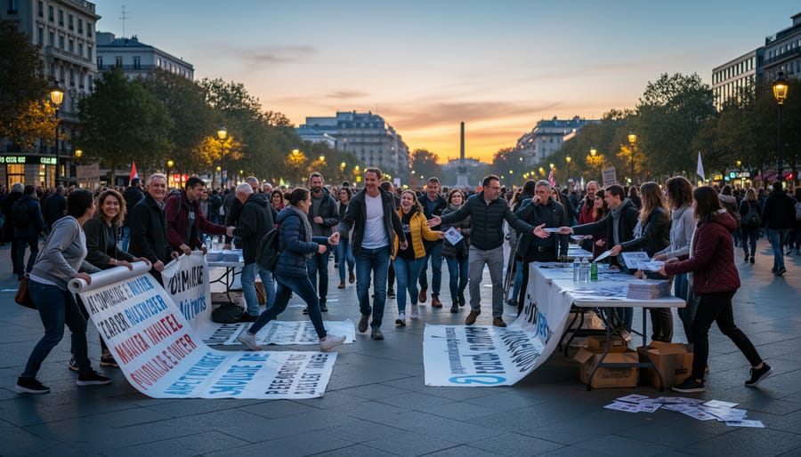 Young activists standing together outdoors at dusk holding blank signs and reusable items
