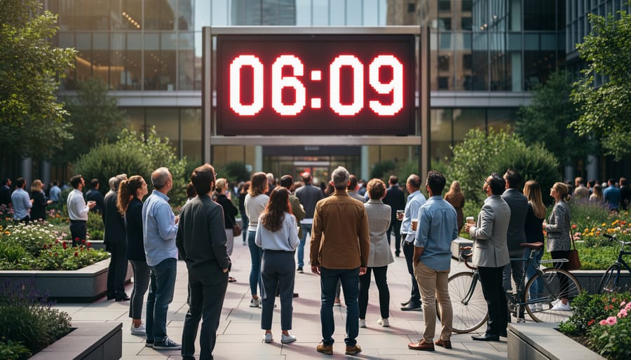 People in a public garden look toward a large digital climate countdown installation