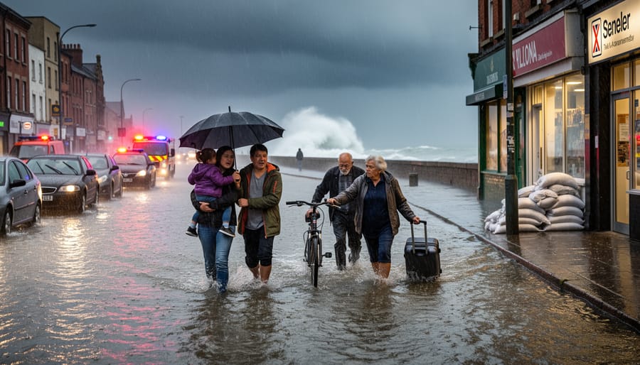People sheltering under umbrellas while seawater splashes onto a rainy coastal street