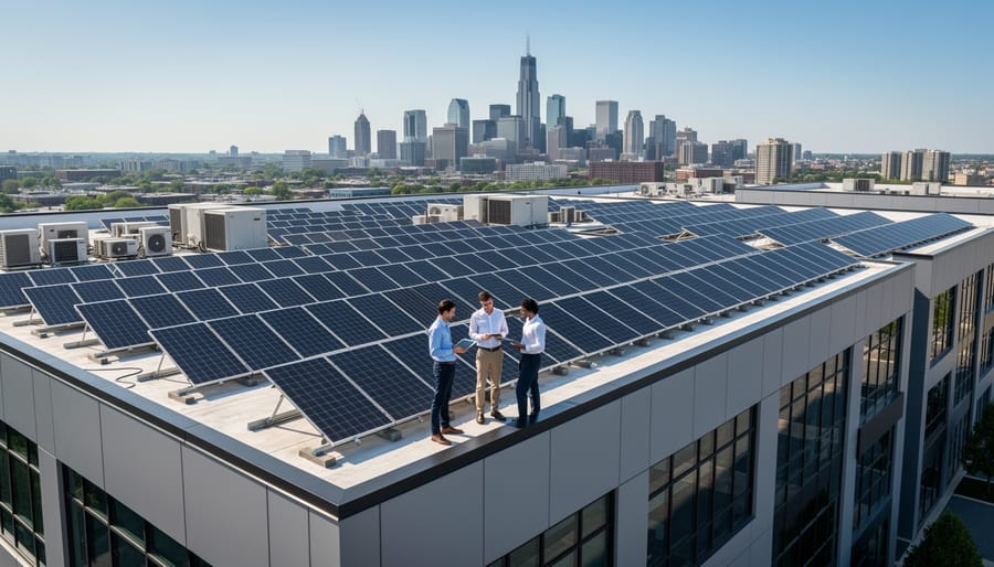 Workers in high-visibility vests inspecting solar panels on a business office rooftop
