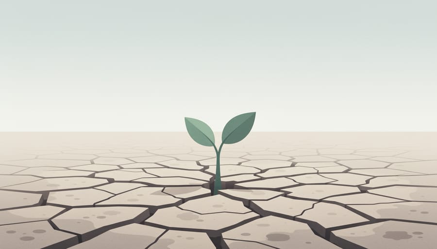 Close view of cracked dry soil with a green sprout emerging