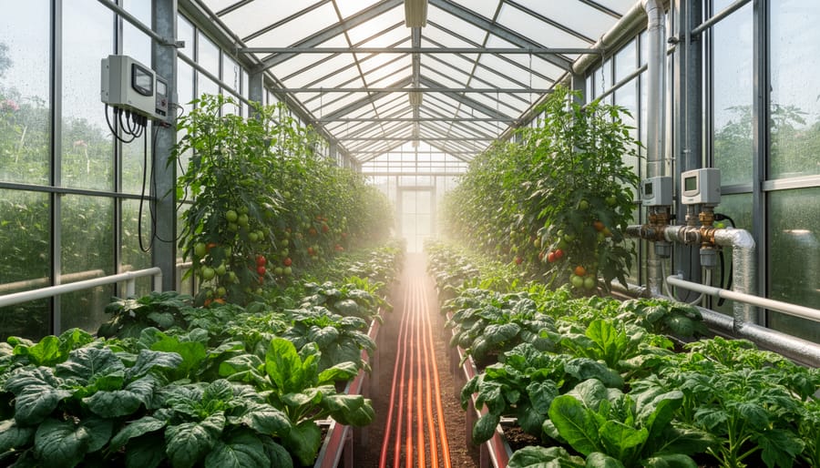 Greenhouse plants with geothermal heating pipes and a manager adjusting equipment