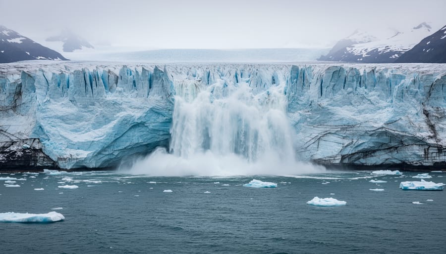 Low-angle view of a glacier calving with ice chunks drifting in cold blue water under an overcast sky