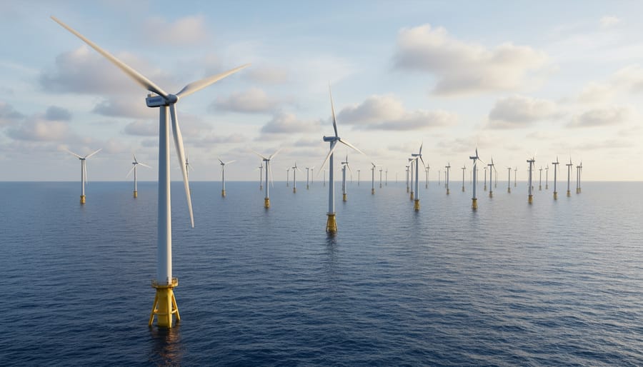 Offshore wind turbines standing in calm ocean water during golden hour