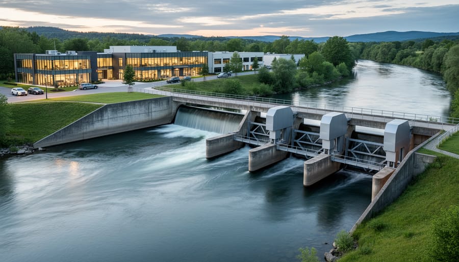 Run-of-river hydropower intake structure beside flowing water