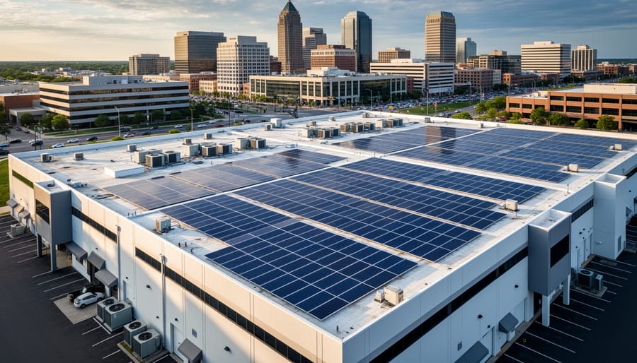 Rooftop solar panels installed on a modern commercial warehouse building.