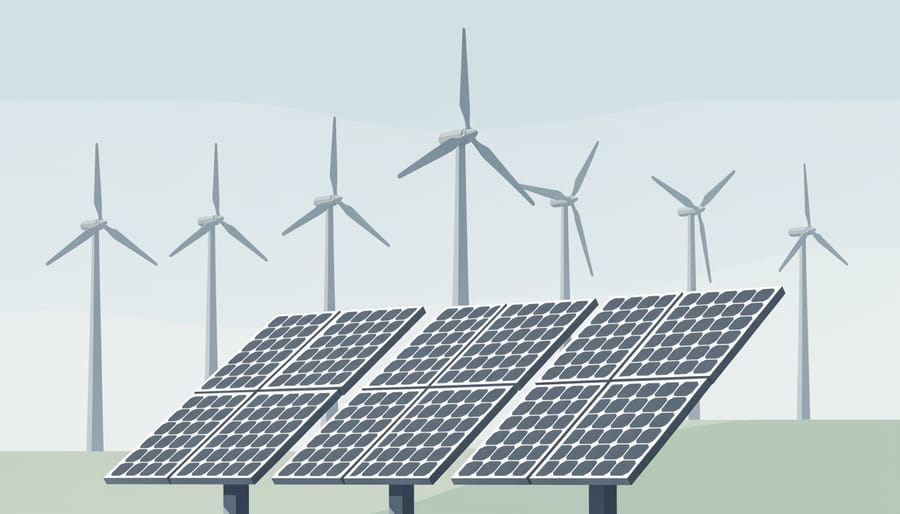 Solar panels in the foreground with a wind turbine visible in the distance under a partly cloudy sky.