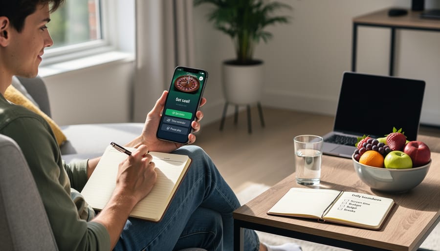 Person using a laptop at home with a small plant nearby, suggesting mindful, responsible online behavior