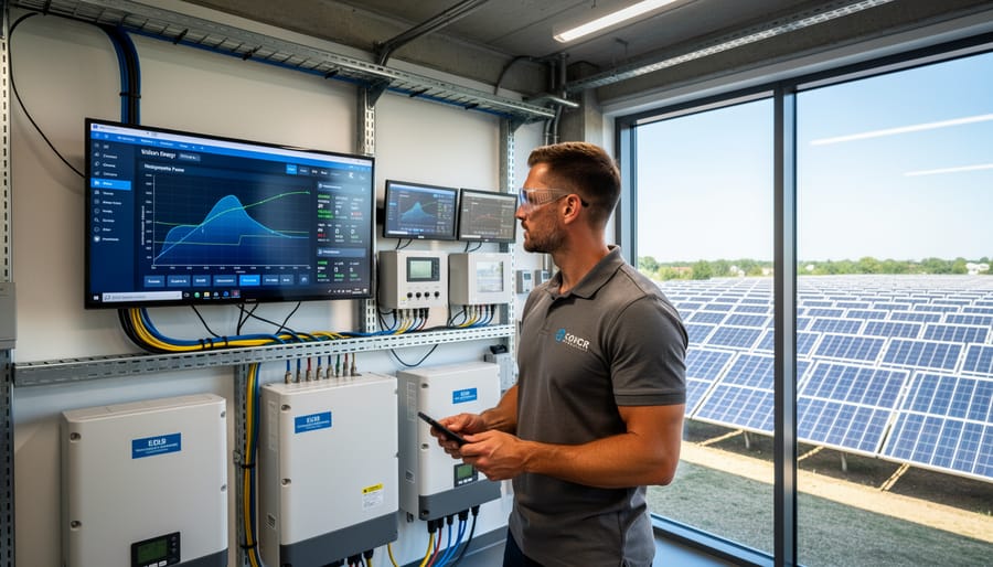Technician in a facility control room monitoring energy equipment associated with solar power.