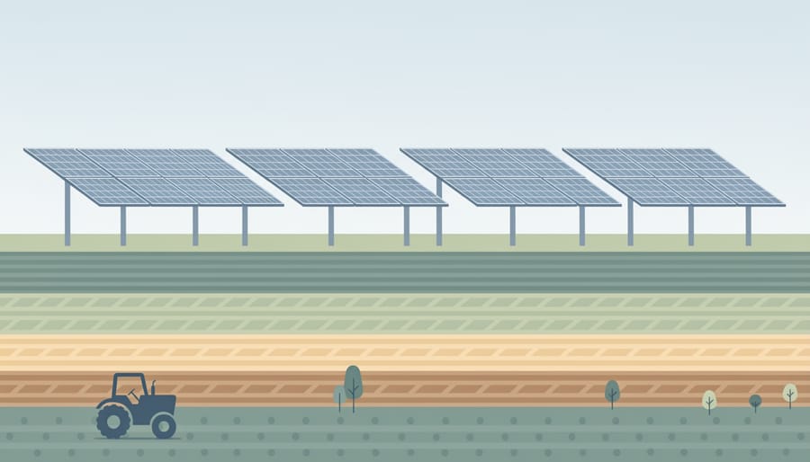 Green crops growing beneath elevated solar panels in an agrivoltaics farm.