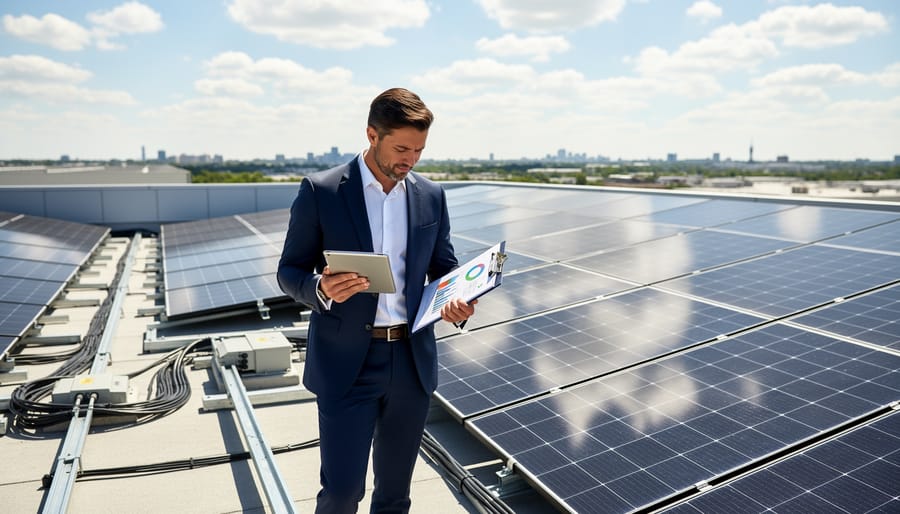 Business owner in a workshop reviewing a tablet beside rooftop solar equipment.