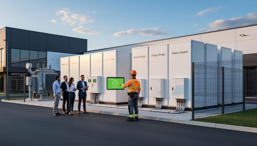 Outdoor battery energy storage cabinet next to a commercial building.