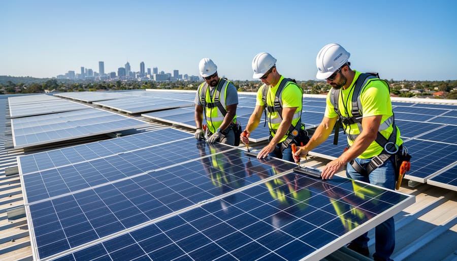 Solar installation technicians securing panels on a commercial rooftop under a bright sky.